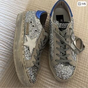 Golden Goose Silver Glitter and Blue Sneakers
